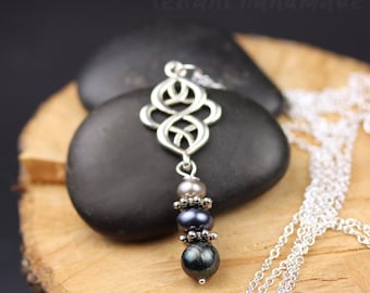 Celtic Knot Pendant Necklace with Freshwater Pearl Accent on long chain