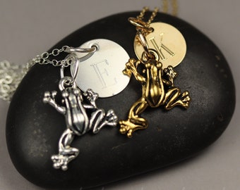 Pewter Leaping Frog Necklace with Sterling Silver or Gold-Filled Engraved Charm