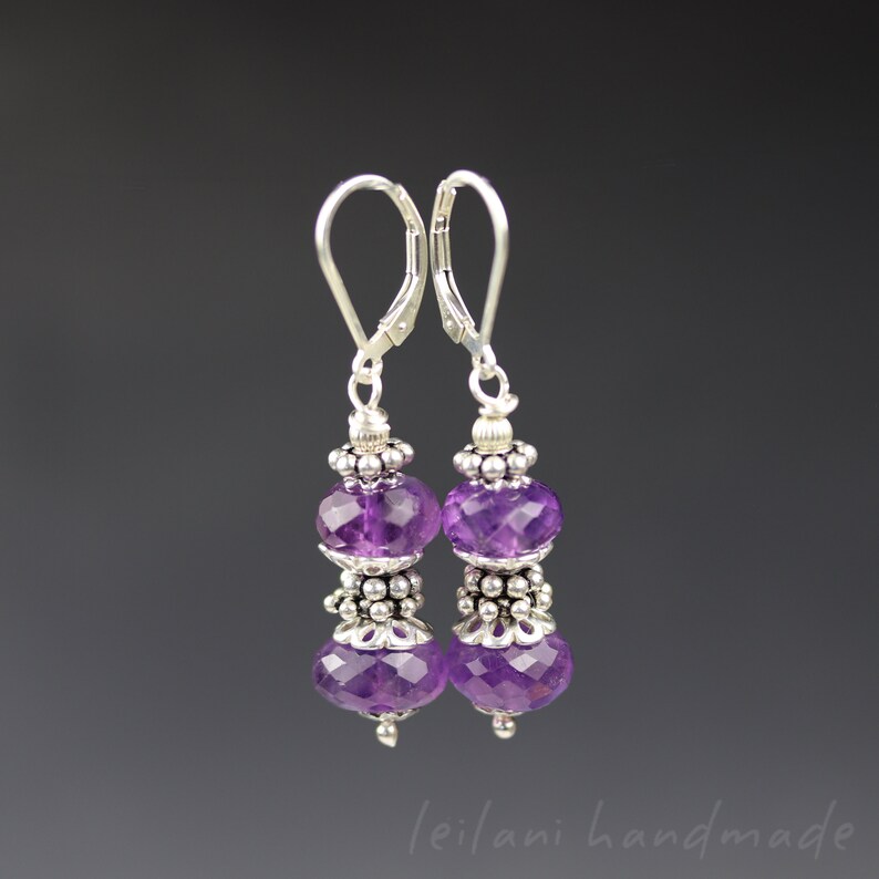 Amethyst Gemstone Faceted Rondelle Sterling Silver Leverback Earrings February Birthstone image 5