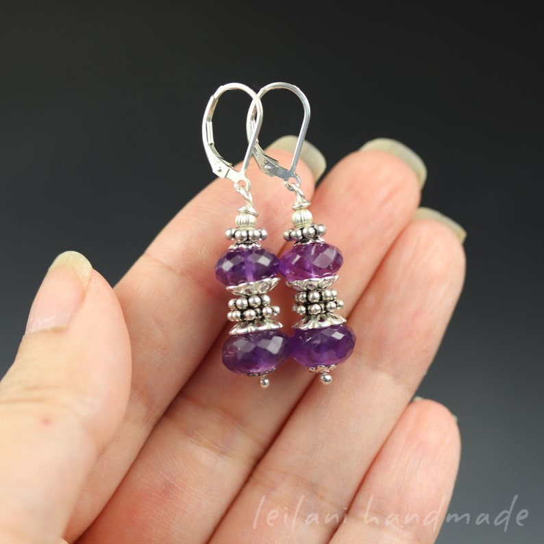 Amethyst Gemstone Faceted Rondelle Sterling Silver Leverback Earrings February Birthstone image 6