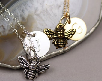 Pewter Bee Necklace Personalized with Sterling Silver or Gold-Filled Engraved Initial or Name Charm