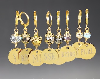 Stitch Markers: Set of 8 engraved with knitting abbreviations - Silver or Gold