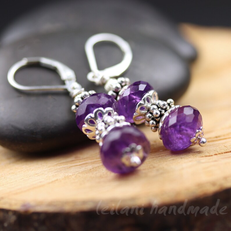 Amethyst Gemstone Faceted Rondelle Sterling Silver Leverback Earrings February Birthstone image 1