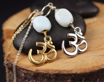 Aquamarine OM Aum Pendant Necklace - Silver or Gold - March Birthstone