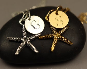 Pewter Starfish Necklace with Sterling Silver or Gold Filled Engraved Name Charm