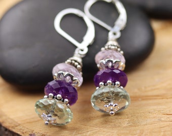 Triple Amethyst Gemstone Earrings - Pink Lavender and Green - on Sterling Silver Leverbacks