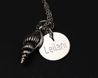 Pewter Spindle Shell Necklace Personalized with Sterling Silver Engraved Charm