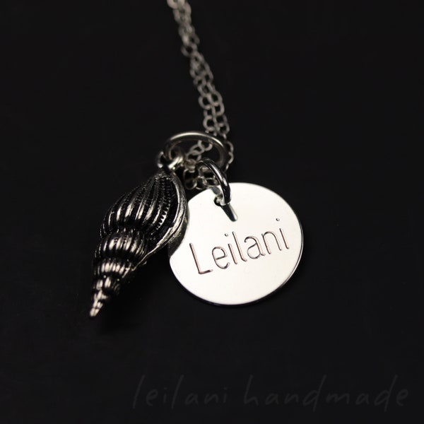 Pewter Spindle Shell Necklace Personalized with Sterling Silver Engraved Charm