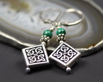 Celtic Knot Pewter Earrings – Malachite or Onyx, Sterling Silver
