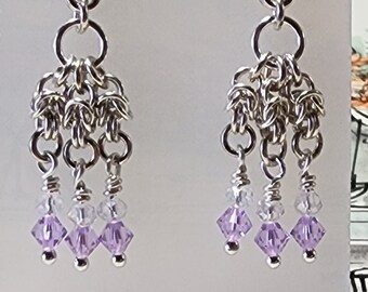 Earrings, Sterling Silver, Swarovski Crystal, Chainmaille Lavender