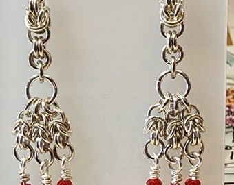 Earrings, Sterling Silver, Swarovski Crystal, Chainmaille Siam Red