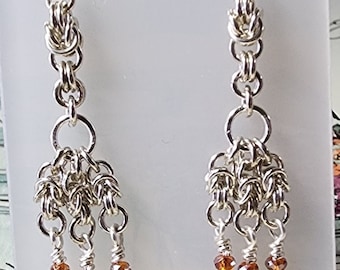 Earrings, Sterling Silver, Swarovski Crystal, Chainmaille Topaz