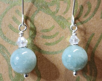 Handmade Aqua Stone Bead Earrings, Fine Silver .999, Crystal Accent