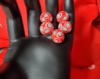 Handmade Lampwork beads. Red and White Eye Beads. Set of 5. Layered and Fused to a Smooth Surface.