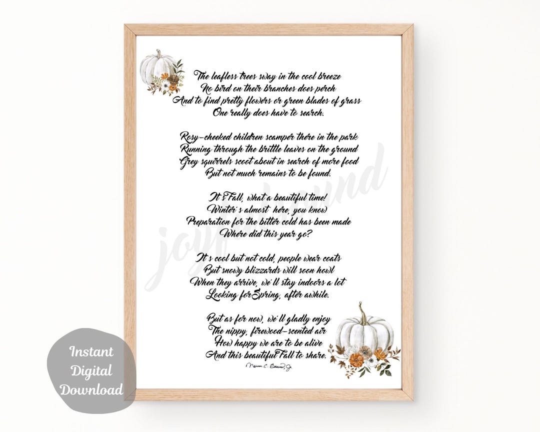 Fall Printable Poem Pumpkin Leaves Autumn Flowers Blessed DIGITAL ...