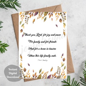 Dankbares druckbares Gedicht Karte Danksagung Familie Freunde Herbstlaub Christ DIGITAL DOWNLOAD Design DIY Geschenk 8,5 "x 11" - Schnitt auf 13 ""x 7""