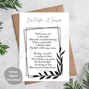 Pastor Appreciation Printable Card, Minister, Pastor Thank You Poem DIGITAL DOWNLOAD Design DIY Gift Birthday 8.5” x 11” - Cut to 5” x 7”