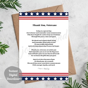Druckbare Gedicht Karte USA Danke Helden Ermutigung Gedenktag Amerika DIGITAL DOWNLOAD Design diy Geschenk 8,5 "x 11" - Schnitt auf 5 "x 7"