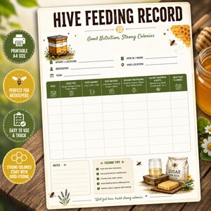 May include: A Hive Feeding Record log sheet featuring a header with the title, a bee illustration, and fields for apiary, beekeeper, and hive details. The grid includes columns for date, feed type, amount, method, reason, notes, and next feed planned.