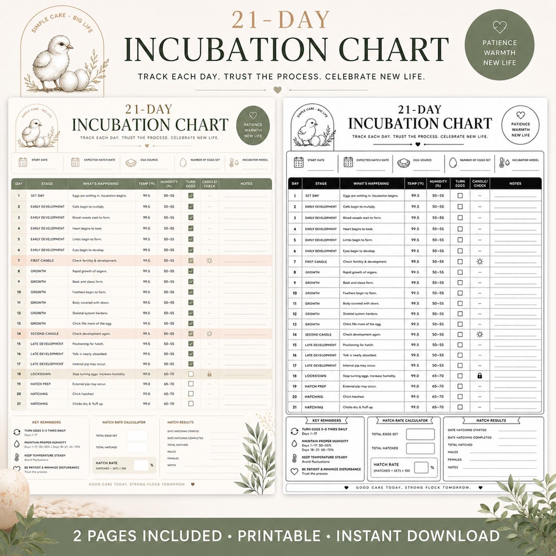 21 Day Incubation Chart Printable, Egg Hatch Tracker, Chicken Hatching ...