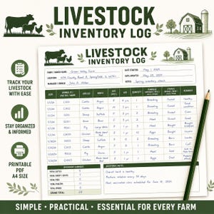 May include: A white livestock inventory log sheet with dark green text and graphics of a farm, cow, sheep, and chicken. The document includes fields for farm name, location, manager, and a detailed table for tracking animal data, plus an inventory summary.