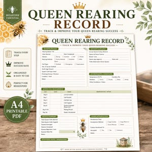 Può includere: Un documento stampabile Queen Rearing Record con sezioni per dettagli di allevamento, genetica, condizioni ambientali, sviluppo delle celle reali, riepilogo dei risultati e introduzione, decorato con illustrazioni di api e favi.