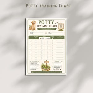 May include: A rectangular potty training chart for dogs featuring a golden retriever illustration, a tracking table with columns for date, time, result, and praise, plus sections for training tips, milestones, and a small grass patch graphic.