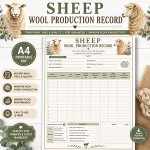 Wolregistratie, A4-formaat, afdrukbaar PDF-bestand voor schapen met opbrengsttracker