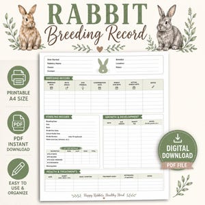 Op de afbeelding: Een printbaar formulier voor konijnenfokkerij met illustraties van twee konijnen en groen blad. Het document bevat secties voor fok-, geboorte-, groei- en gezondheidsgegevens met tekstlabels zoals Rabbit Breeding Record en Happy Rabbits, Healthy Herd.