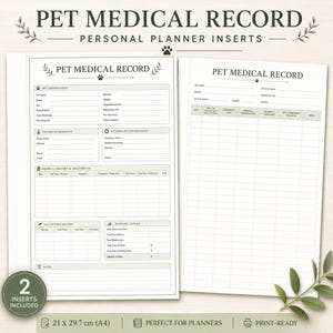 Puede incluir: Dos hojas de planificador tamaño A4 para el registro médico de mascotas. La hoja izquierda incluye secciones para información de la mascota y del propietario, datos veterinarios, historial médico, vacunas y totales. La derecha tiene una tabla.