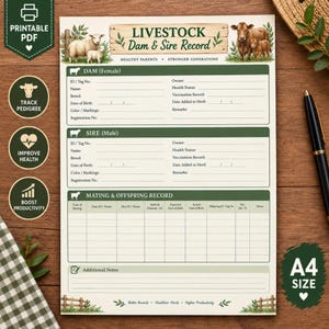 Może przedstawiać: Arkusz do ewidencji inwentarza żywego w formacie A4 z grafiką drewnianego szyldu z napisem Livestock Dam & Sire Record. Formularz zawiera sekcje dla matki, ojca oraz potomstwa, ozdobione ilustracjami owiec i krów.