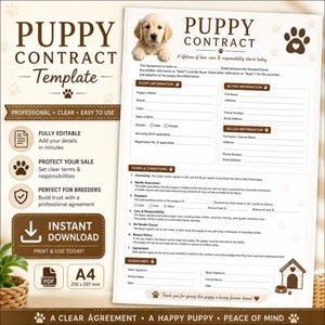 子犬売買契約書、印刷可能なブリーダー契約書 | PDF | A4 - 販売者、オーナー向けの印刷可能なテンプレート