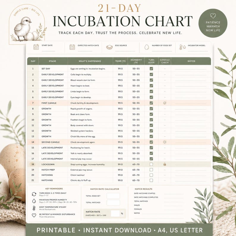 21 Day Incubation Chart Printable, Egg Hatch Tracker, Chicken Hatching ...