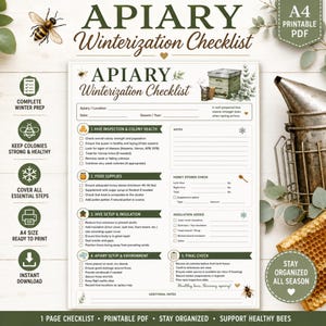 Pode incluir: Uma lista de verificação de invernada de apiário em PDF imprimível A4, com seções para inspeção, suprimentos alimentares, configuração, isolamento e verificações finais. O documento inclui ilustrações de uma colmeia, uma abelha e um fumegador, com campos de texto para registrar a saúde da colônia, estoques de mel e tarefas de preparação para o inverno.