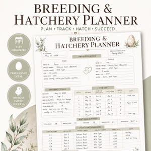 Può includere: Un documento Breeding & Hatchery Planner con sezioni per informazioni sulla coppia, dettagli sull'allevamento, registro delle uova, riepilogo della schiusa e registro dei pulcini, completo di illustrazioni botaniche e campi di testo con dati manoscritti.