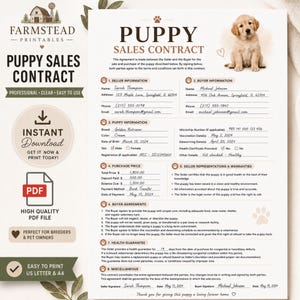 Può includere: Un documento di contratto di vendita per cuccioli stampabile con un'immagine di un cucciolo di golden retriever in alto. Il modulo include sezioni per le informazioni del venditore e dell'acquirente, dettagli del cucciolo, prezzo e firme.