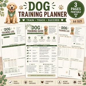 Registro di addestramento del cane, agenda PDF stampabile in formato A4 con 3 pagine