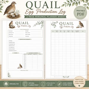 May include: A two-page printable Quail Egg Production Log planner insert. The document features sections for flock information, production summaries, monthly overviews, and a detailed tracking grid for daily egg counts, all decorated with quail illustrations.