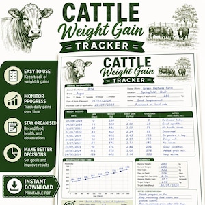 May include: A white and green Cattle Weight Gain Tracker printable document featuring a cow illustration, fields for animal information, a weight record table, a weight gain over time line graph, and a summary section with handwritten data entries.