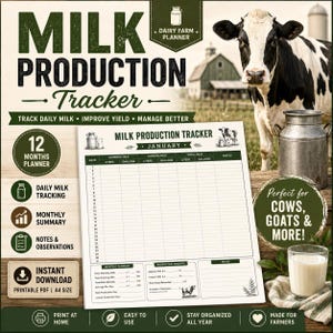May include: A Milk Production Tracker planner page featuring a grid for daily morning and evening milk recording in liters and gallons, with sections for monthly summaries, production insights, and notes, all presented on a white paper sheet.