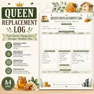 May include: A Queen Replacement Log printable form featuring sections for hive information, queen replacement records, new queen details, introduction methods, post-replacement observations, and follow-up checks, decorated with honey and bee illustrations.