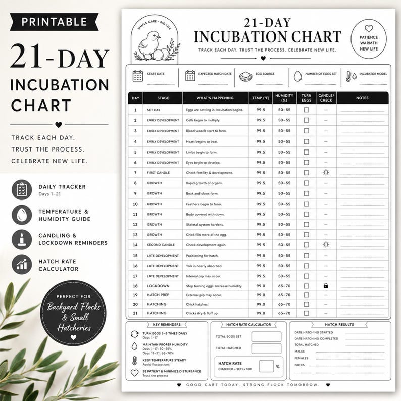 21 Day Incubation Chart Printable, Egg Hatch Tracker, Chicken Hatching ...