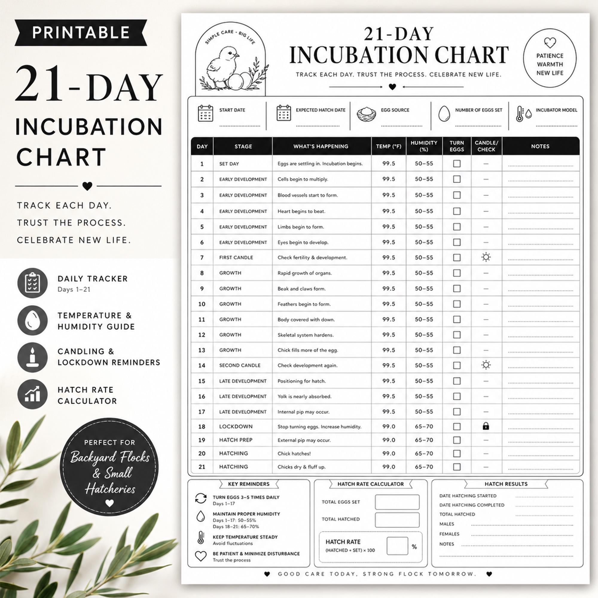 Printable Chicken Hatching Chart.pdf 21 Day Incubation Chart Printable, Egg Hatch Tracker, Chicken Hatching ...