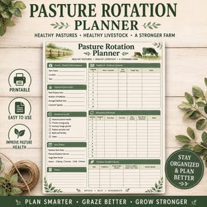 Puede incluir: Un planificador de rotación de pastos imprimible con secciones para información de la granja, detalles de potreros, cronogramas de rotación y controles de salud, con encabezados verdes, una ilustración de una vaca y campos de texto para datos.