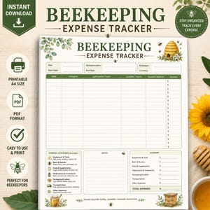 May include: A printable A4 beekeeping expense tracker document featuring a green and white layout with bee and hive illustrations. The form includes fields for date, category, description, supplier, payment method, and amount, plus a summary section.