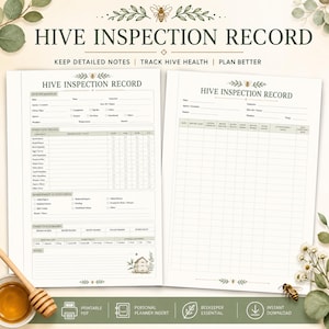 Puede incluir: Dos páginas de un registro de inspección de colmenas con una ilustración de abeja en la parte superior. La página izquierda incluye secciones para información de la colmena, detalles de inspección, acciones y un resumen. La página derecha es un registro en cuadrícula.