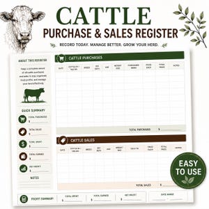 May include: A Cattle Purchase & Sales Register document featuring a cow illustration, a section for cattle purchases, and a section for cattle sales. The form includes columns for date, tag number, breed, sex, age, weight in kg, and price. Text includes "Record today. Manage better. Grow your herd." and "Easy to use."