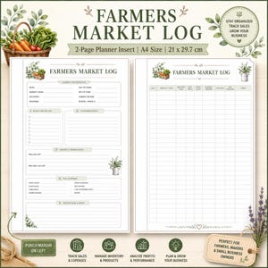 May include: A two-page Farmers Market Log planner insert in A4 size, 21 x 29.7 cm. The left page includes sections for market information, daily goals, customer notes, product highlights, and a day summary. The right page features a grid for tracking sales, expenses, and net earnings.