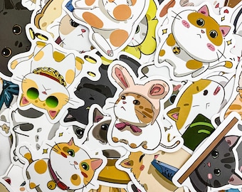 May include: A collection of colourful cat stickers featuring various poses and expressions. The stickers are printed on white paper and have a glossy finish.