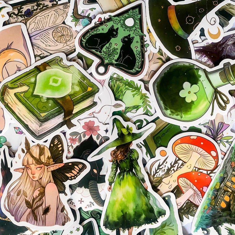 May include: A collection of green and black witchy stickers featuring a witch, mushrooms, a book, a potion bottle, and a cat. The stickers are perfect for decorating journals, laptops, water bottles, and more.